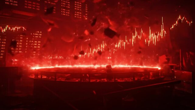 Vibrant red interior scene with dynamic shapes and figures