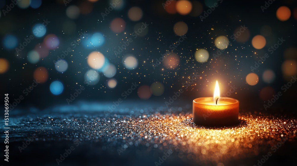 Poster a single lit candle glows warmly in the dark, surrounded by sparkling lights and a soft, dreamy boke