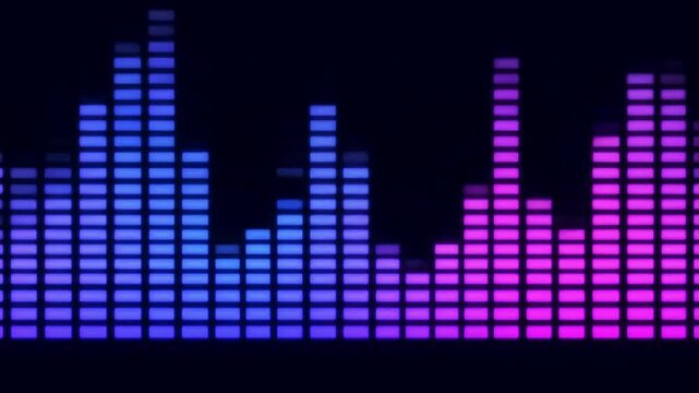 Audio spectrum analyzer visualization with blue and pink bars on a dark background display effect