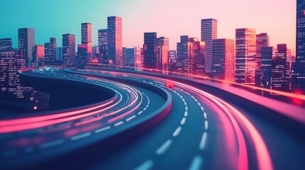 Futuristic Cityscape with Neon Lights and Curved Highway at Dusk