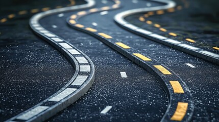 Winding Road with Yellow Stripes in an Abandoned Landscape Scene