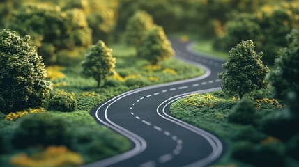 Curved Road Through Lush Green Forest Landscape in Soft Lighting