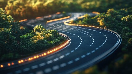 Serpentine Road Surrounded by Lush Green Trees at Sunset Glow