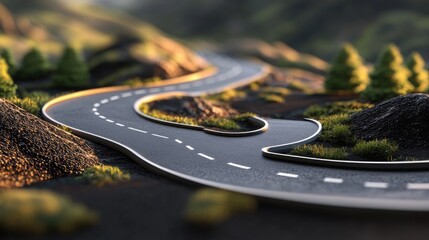 Winding Road Through Scenic Landscape with Greenery and Mountains