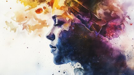 Abstract Watercolor Portrait of a Woman with Vibrant Color Burst