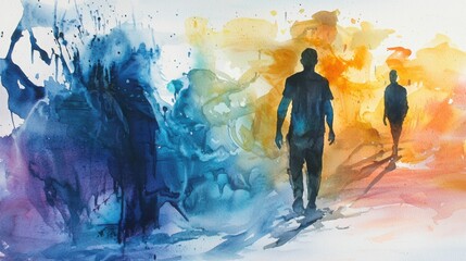 Abstract watercolor painting of two figures in vibrant colors