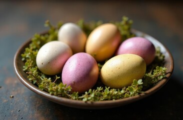 colorful Easter eggs on a plate. pastel shades
