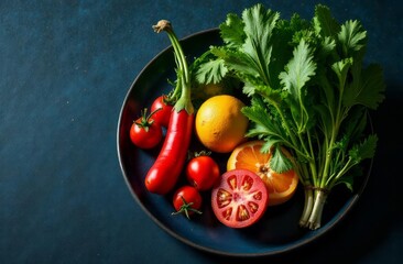 bright vegetables on a plate on a dark background. top view, the concept of proper nutrition.