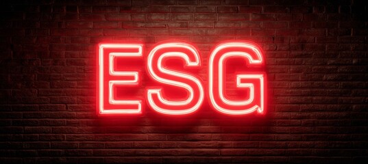 ESG red neon light sign. Nature ecology growth environment concept. World earth day. Generative AI technology.