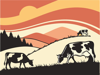 cow black and white silhouettes sunset desert landscape 