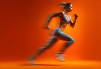 Motion blurred photo of female runner running in action pose with fast pace on bright orange gradient background. Commercial sports photography style.
