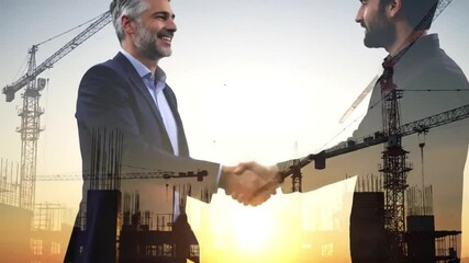 Businessmen Shake Hands Against Construction Scene And Setting Sun In Double Exposure Symbolizing Partnership and Cooperation - Powered by Adobe