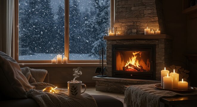 A cozy living room with a fireplace burning and snow falling outside a large window at night time