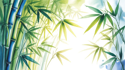 Watercolor Painting Bamboo Leaves Stems Bright White Background  perfect for serene nature-inspired decor themes