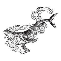 illustration art hand drawn black and white whales surrounded by water tattoo and t-shirt design