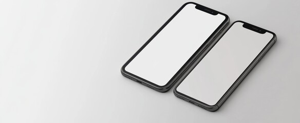 Two smartphones with blank screens placed on a minimalist surface, ideal for showcasing app designs, advertising, or digital services in a clean, modern view.