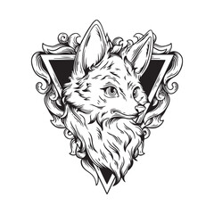 illustration art hand drawn black and white fox with engraving frame ornament tattoo an t-shirt design