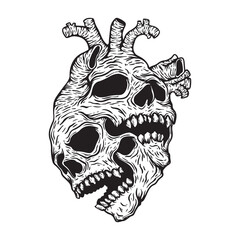 illustration art hand drwan black and white skull heart tattoo logo and t-shirt design