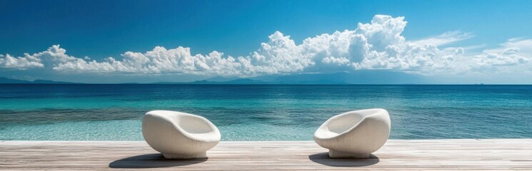 Obraz premium Experience tranquility with modern chairs by the crystal-clear ocean, surrounded by breathtaking views of the blue sky and fluffy clouds. Perfect for relaxation.