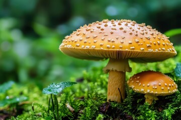 Discover the enchanting beauty of vibrant yellow mushrooms emerging from a lush green mossy forest floor, showcasing nature's intricate detail and vibrant colors.