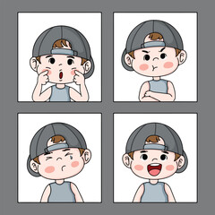 illustration art cute boy wearing hat with many expression on square frame sticker design	