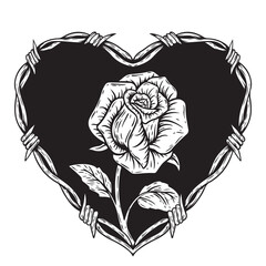 illustration art hand drawn black and white barbed wire love frame with rose tattoo and t-shirt design