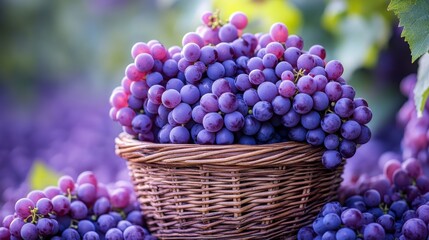 Abundant harvest of Concord grapes overflowing a rustic wicker basket in a sun-drenched vineyard with a backdrop of lush greenery, capturing a sense of nature's bounty
