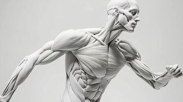 Muscular human anatomy in dynamic running pose