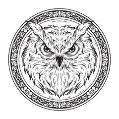 illustration art black and white hand drawn owl with circle engraving ornament tattoo and t-shirt design
