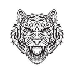 illustration art hand drawn black and white mad tiger head tatoo and t-shirt design