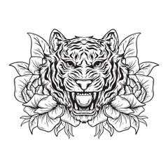 illustration art black and white hand drawn tiger with flower engraving background design