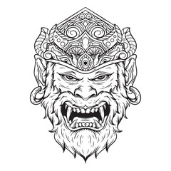 iilustration art hand drawn black and white traditional balinesse hanuman tattoo and t-shirt design