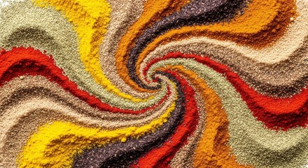 Image of Vibrant colorful spices and herbs arranged in a swirling abstract pattern printed on Printed Glass Splashbacks
