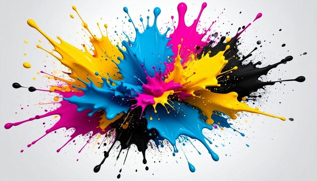 A vibrant CMYK explosion depicting a dynamic burst of cyan, magenta, yellow, and black toner splatters against a white background,