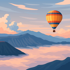 Obraz premium beautiful inspirational landscape hot air balloon flying in the sky travel destination illustration clipart