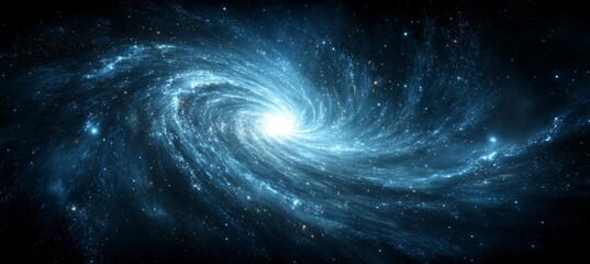 Spiral blue light galaxy and black hole on the center. Time space dilation. Science astronomy. Generative AI technology.	
