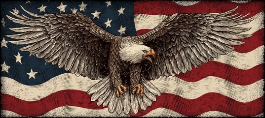 Eagle bird symbolizing strength and freedom with America flag background. 4th of July Memorial or Independence day. Generative AI technology.