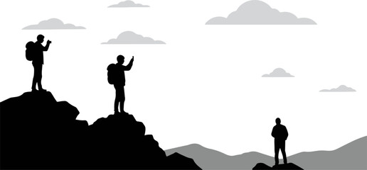 Silhouetted hikers gesturing on mountain peaks against cloudy sky  