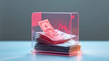 A transparent acrylic box, illuminated with pink light, encloses a stack of US dollar bills.  A downward trend graph is superimposed on the bills