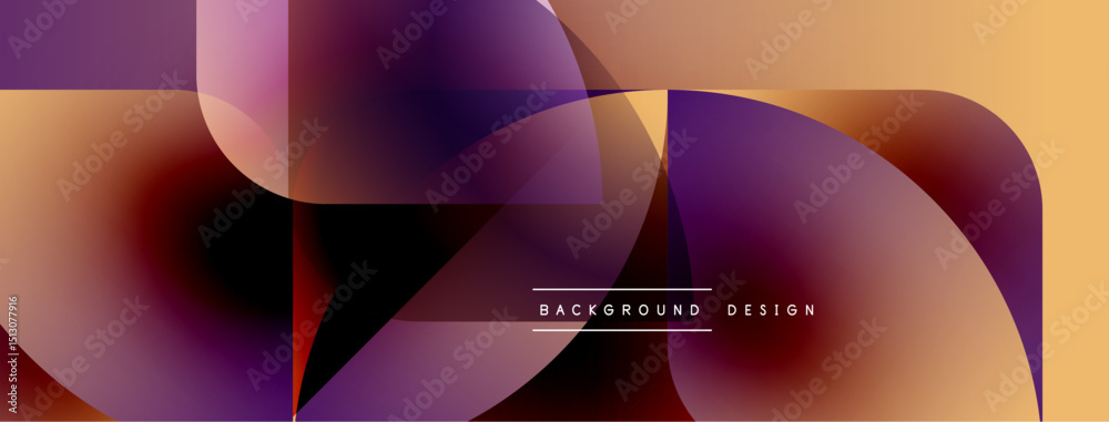 Poster Abstract geometric shapes overlap, creating dynamic color gradients. Warm tones blend with cool purples, forming modern background design.