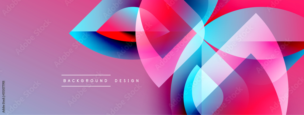 Poster abstract geometric shapes overlap, creating vibrant pinks, blues, purples. gradient background adds 