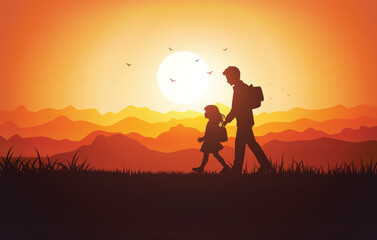 Silhouette of father and daughter walking at sunset
