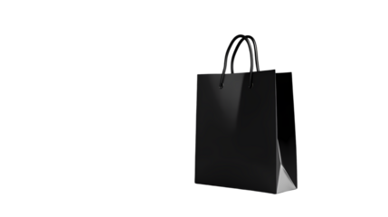 A sleek black shopping bag with handles isolated  a stark  in a studio shot isolated on transparent background