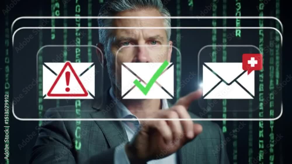 Poster mature man in gray jacket interacting with digital email interface on a backdrop of digital code mat