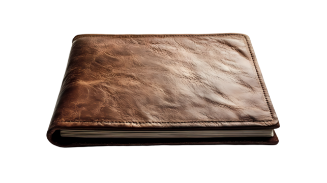 A brown leather wallet lying flat on a black surface with visible stitching and paper inside it isolated on transparent background