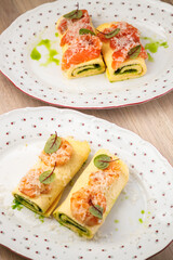 Gourmet rolled pasta with seafood and herbs