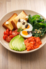 Healthy brunch plate with eggs and vegetables