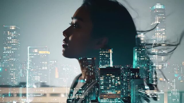 Pensive Young Woman Gazing at Cityscape with Sparkling Lights at Night with Double Exposure Effect