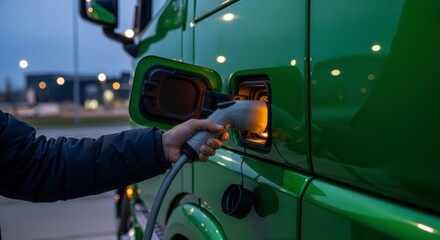Driver plugs charging cable into a green electric truck at a charging station at dusk.