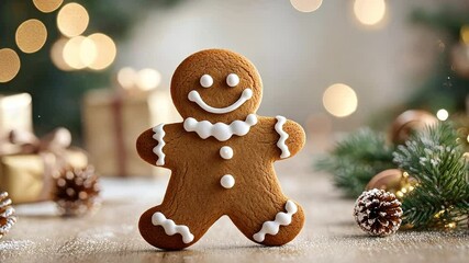 Festive gingerbread man surrounded by holiday decorations